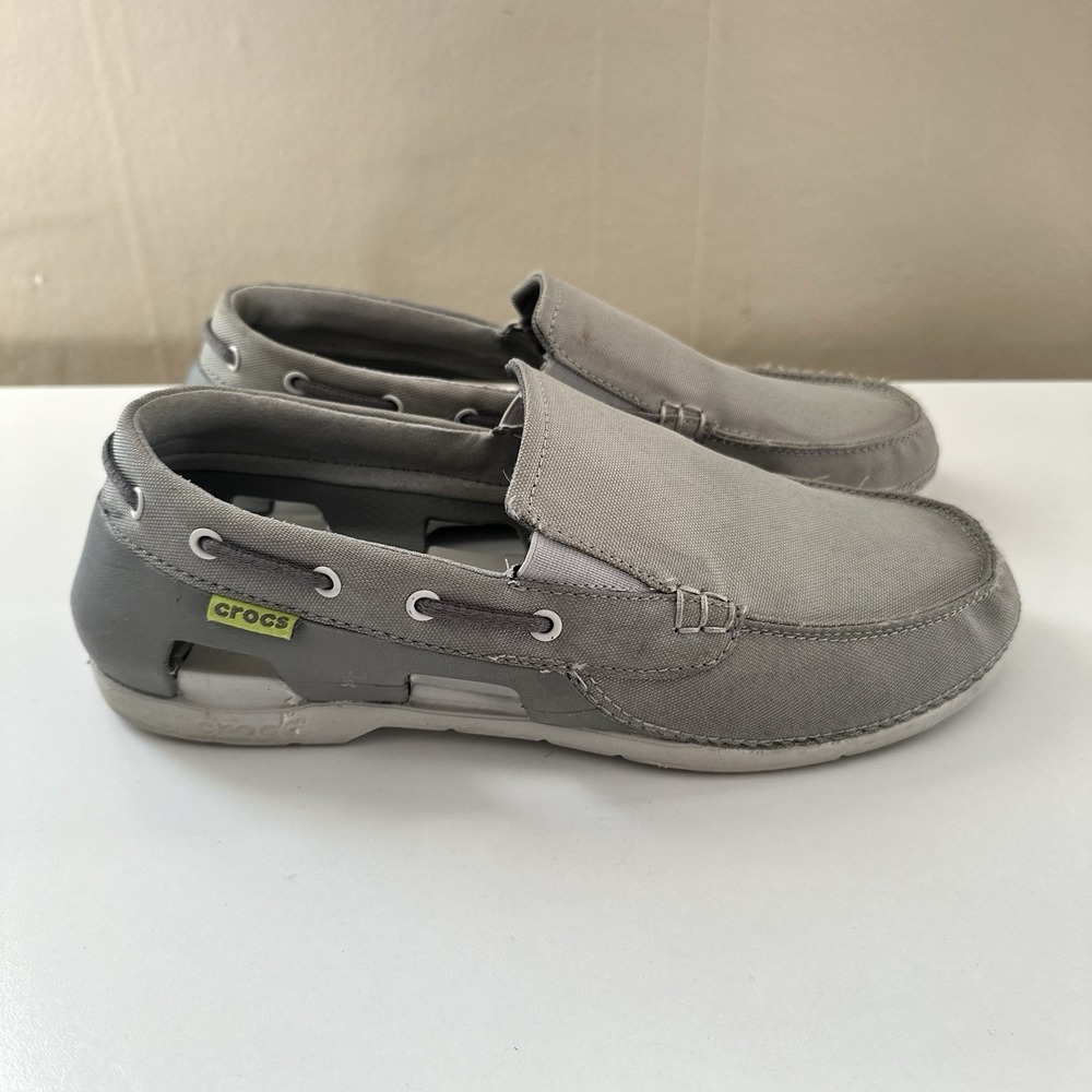 Crocs Mens Beach Line Boat Shoes Size 10 Gray Slip On Preppy Summer Canvas